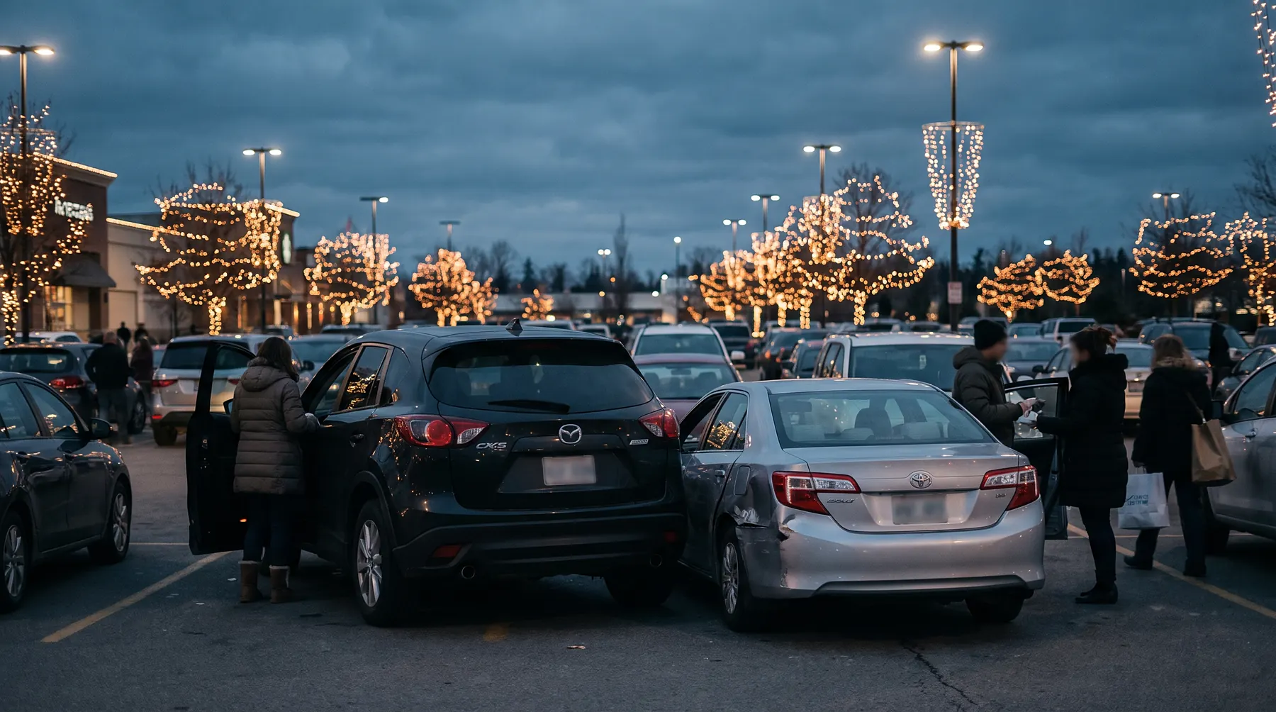 Busy shopping mall parking lot decorated with holiday lights at dusk