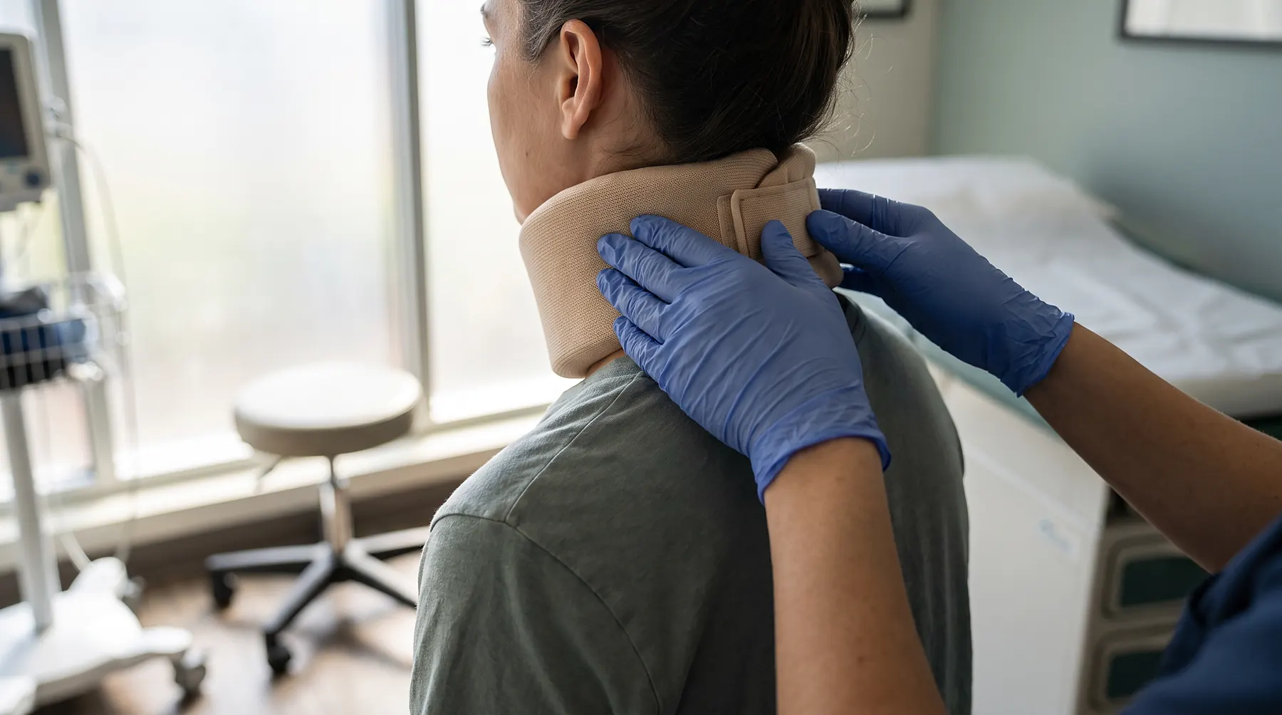 Doctor's gloved hands examining the neck of a patient wearing a soft cervical collar in a bright medical exam room