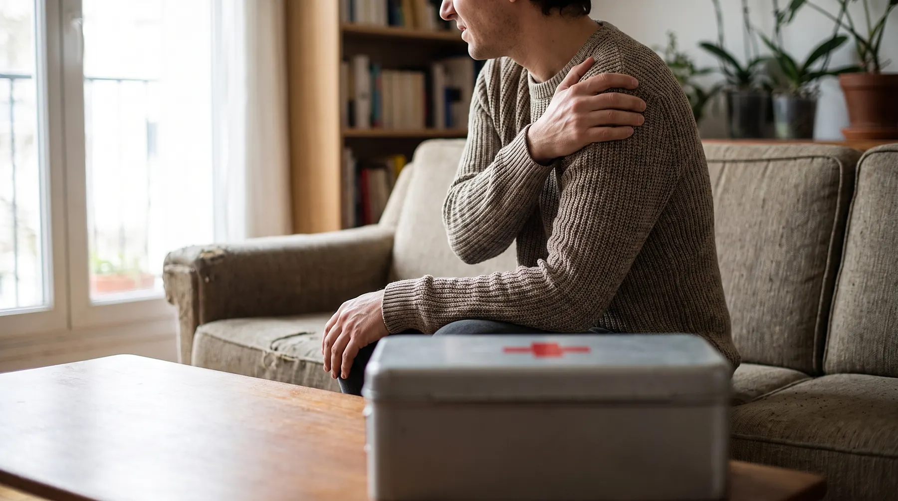 Person seated on a living room couch holding their shoulder in discomfort