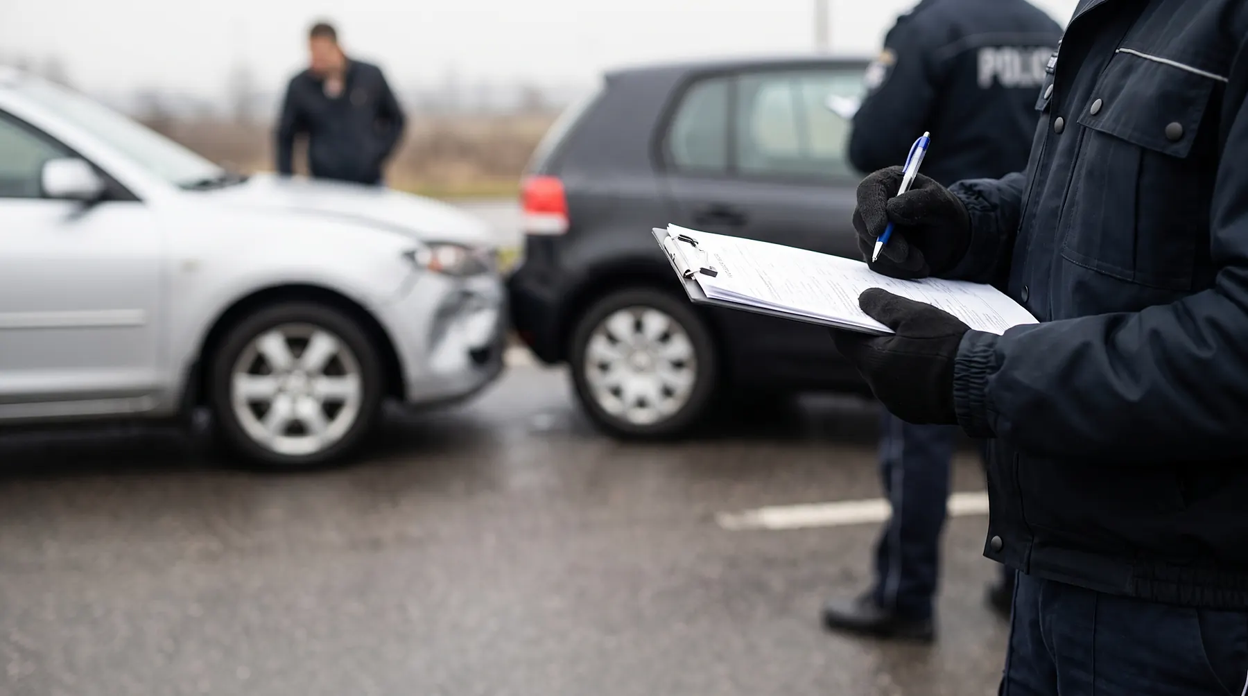 Police officer writing on a clipboard beside two damaged cars after a minor collision
