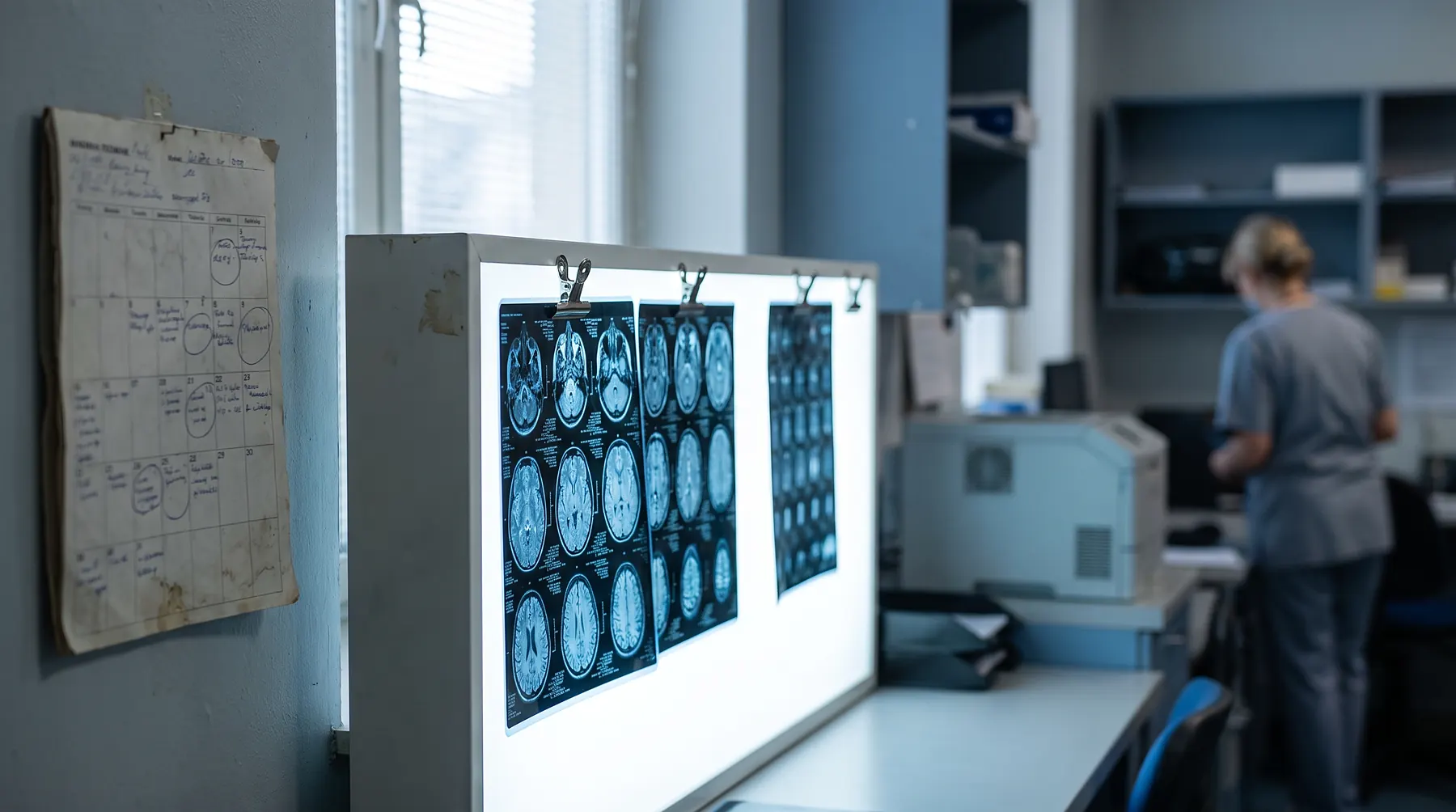 Brain MRI scans clipped to a glowing lightbox beside a paper wall calendar