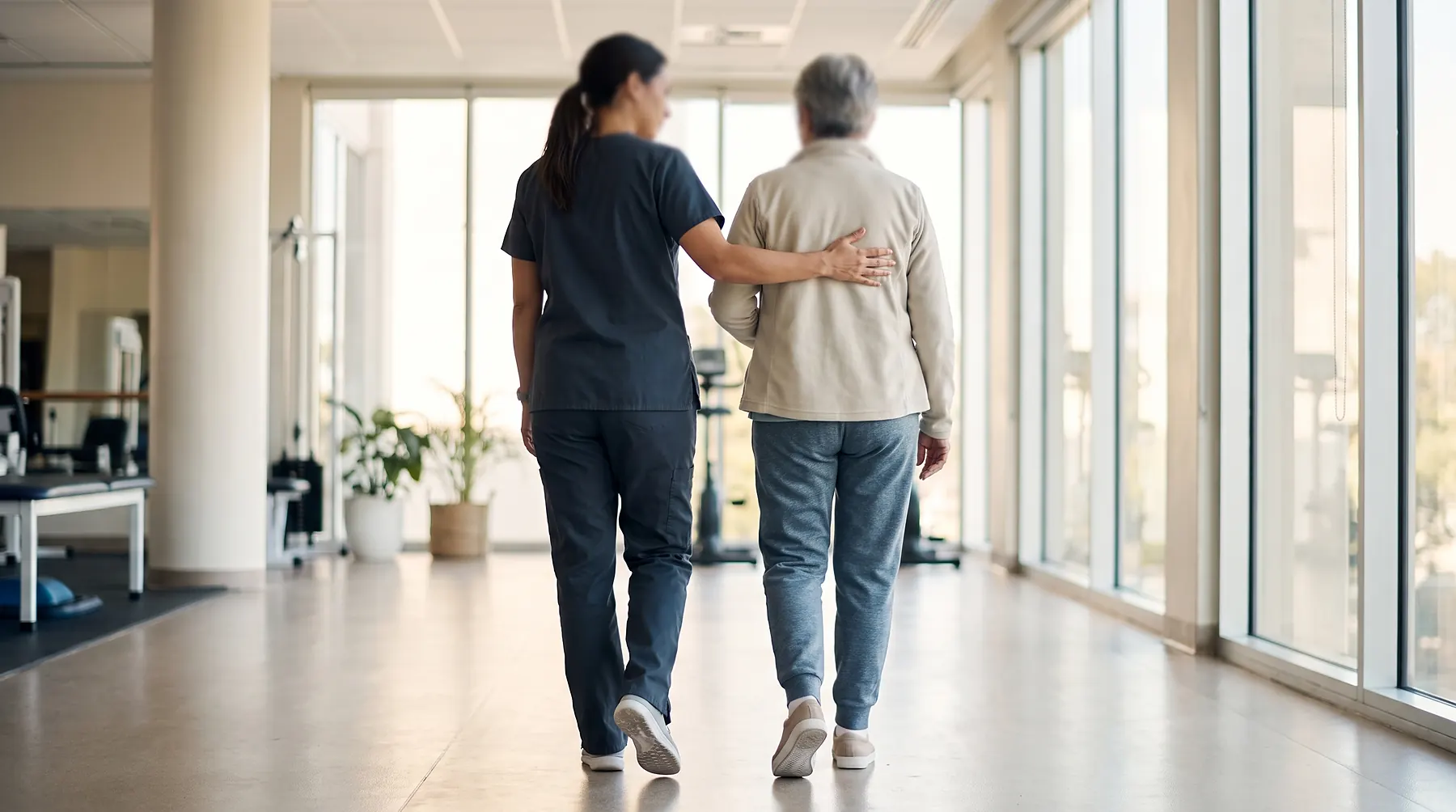 Patient walking slowly with a physical therapist down a bright rehabilitation hallway
