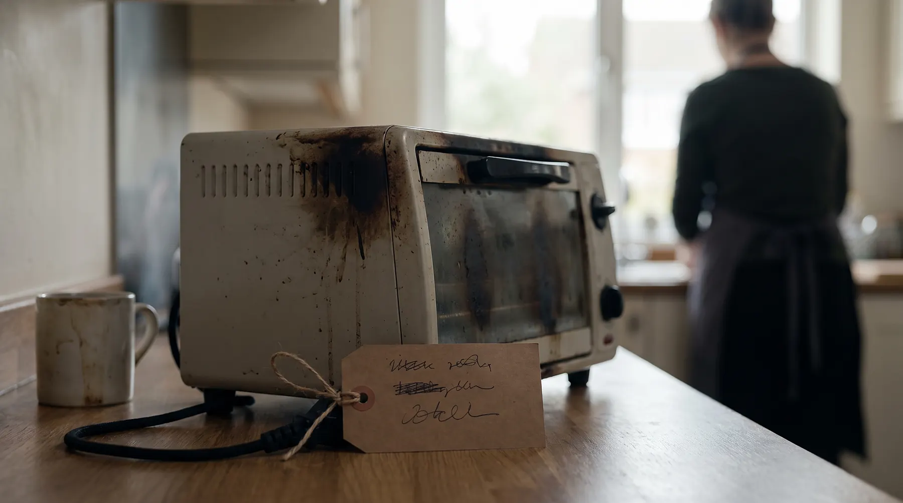 Small kitchen appliance with visible scorch marks sitting on a kitchen counter with a paper evidence tag tied to its cord