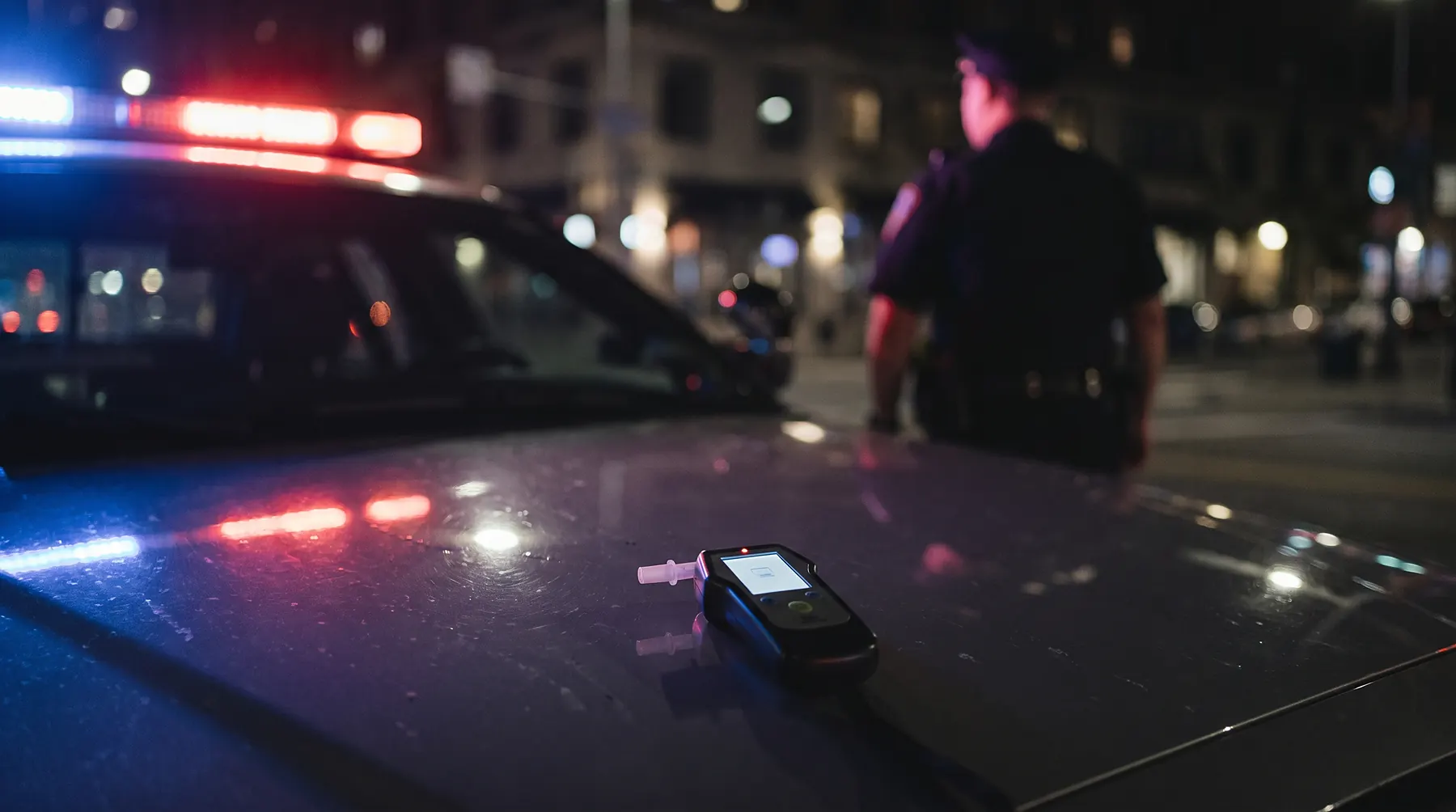 Handheld breathalyzer device resting on the hood of a police car at night