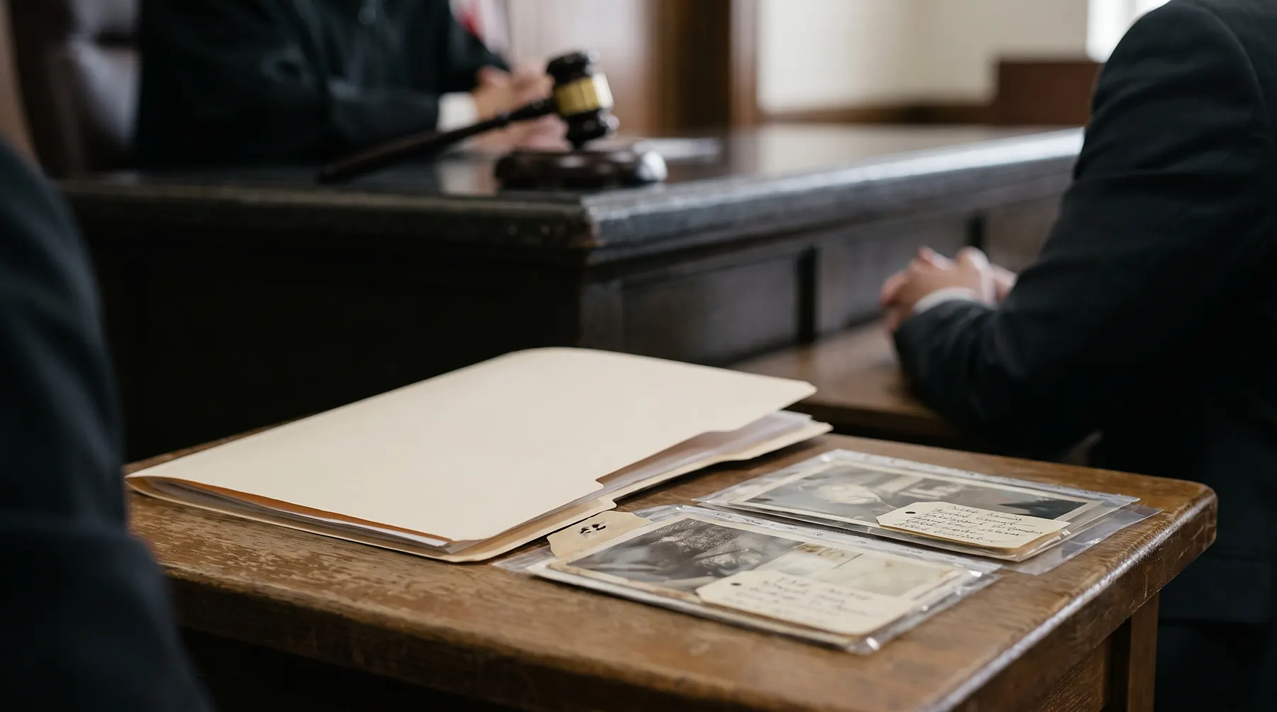 Courtroom evidence table with labeled photographs and a manila folder