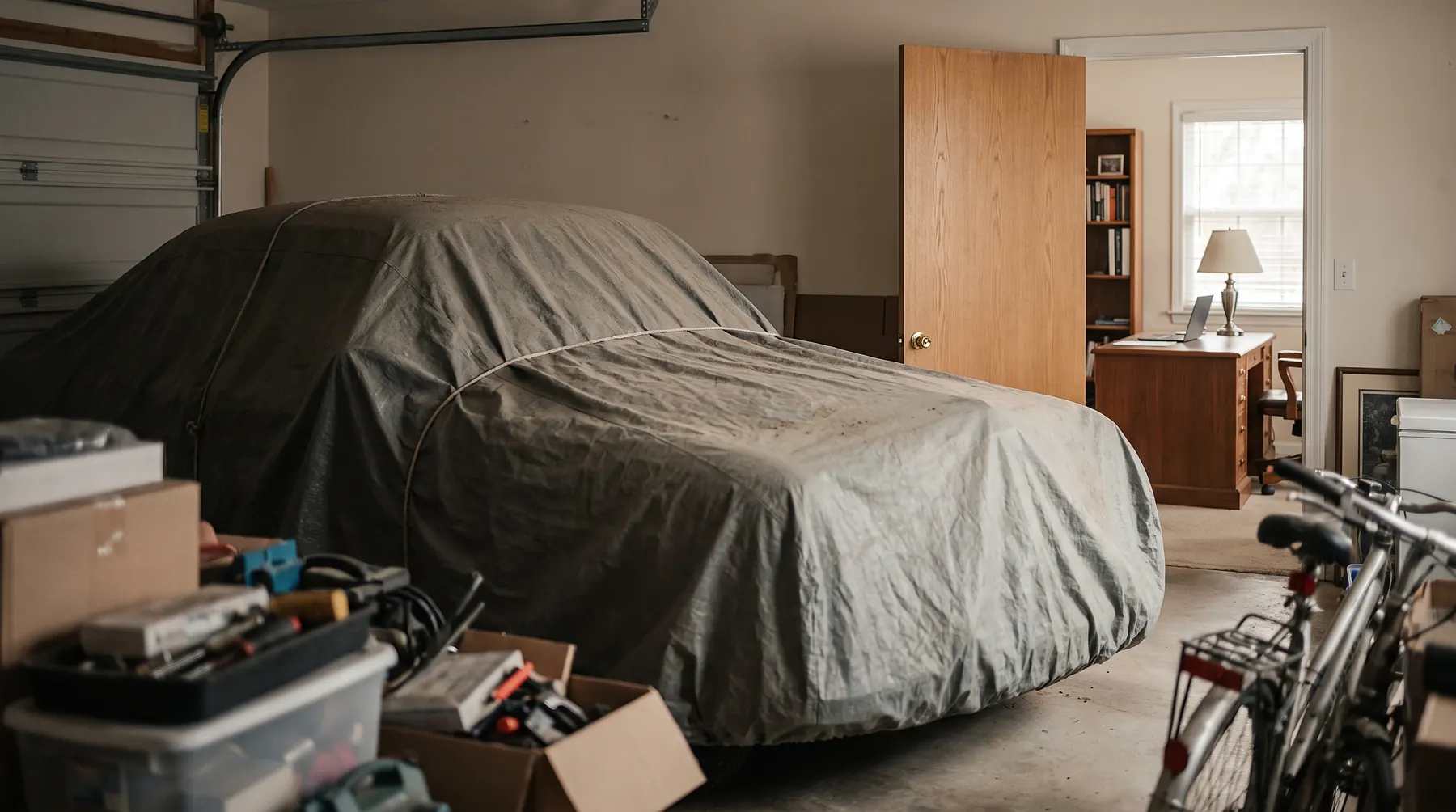 Car under a dusty gray cover parked in a home garage