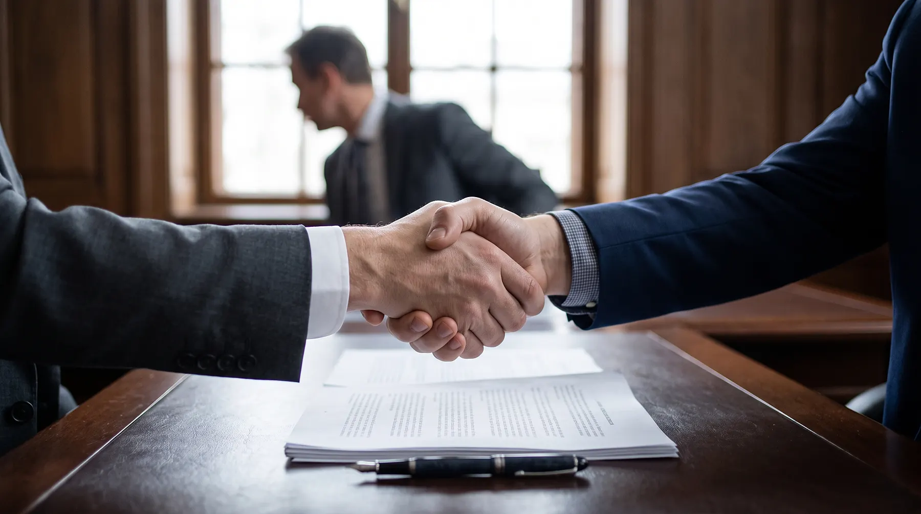 Two hands in business attire shaking across a desk with settlement documents and a pen between them