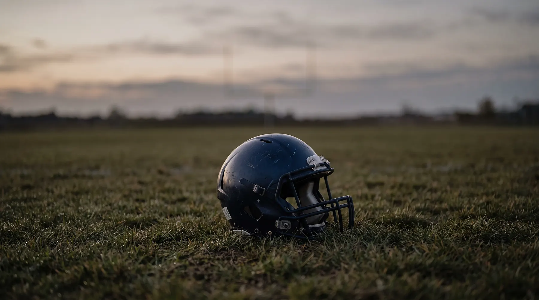 Youth football helmet lying alone on empty field grass at dusk