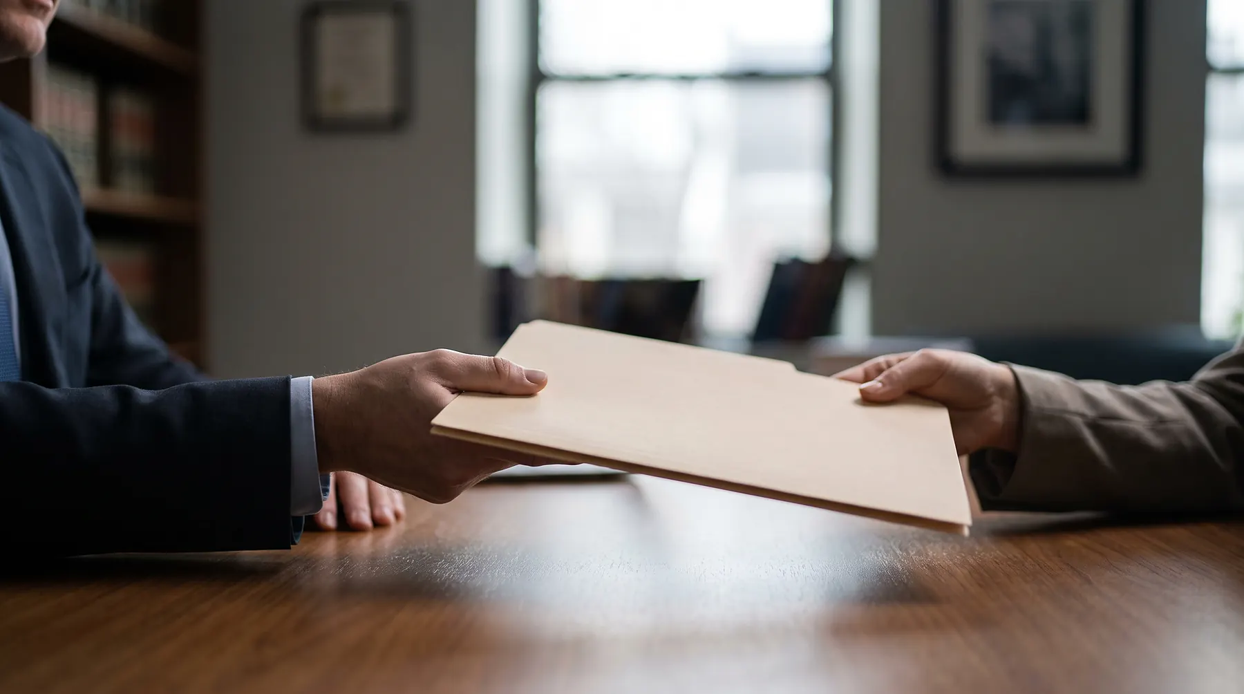 Lawyer's hand sliding a closed manila folder back across a desk toward a client