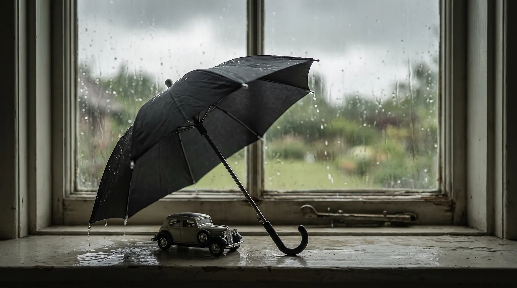 Small black umbrella held over a miniature model car on a windowsill during rain