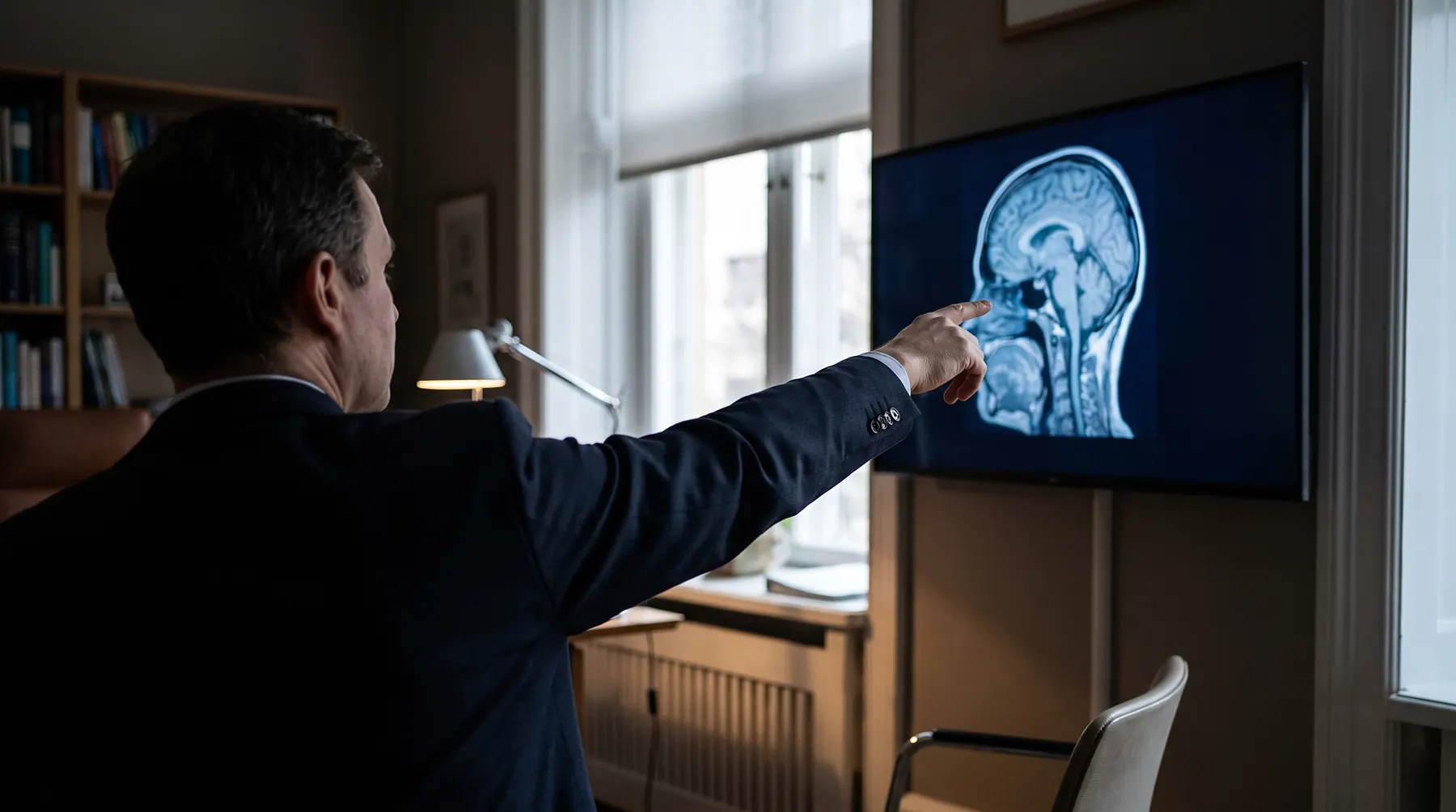 Neurologist pointing at a brain scan displayed on a large monitor in a dim consultation room