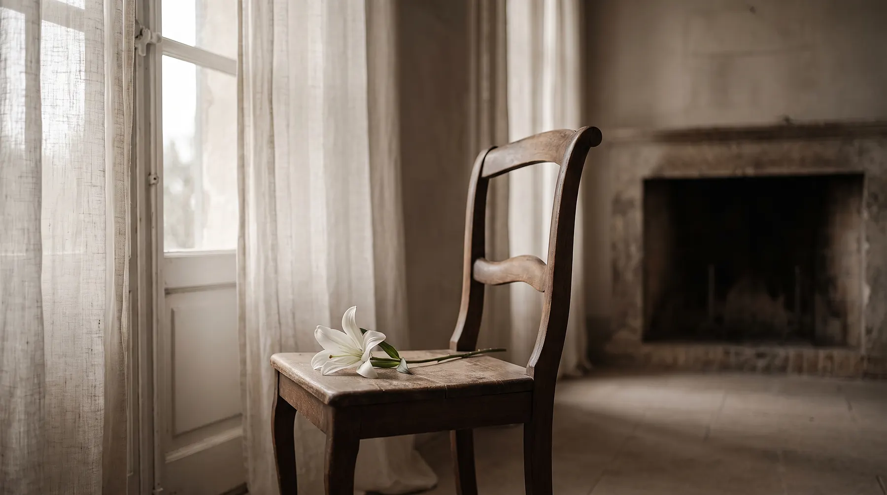 Single white lily resting on an empty wooden chair beside a window with sheer curtains