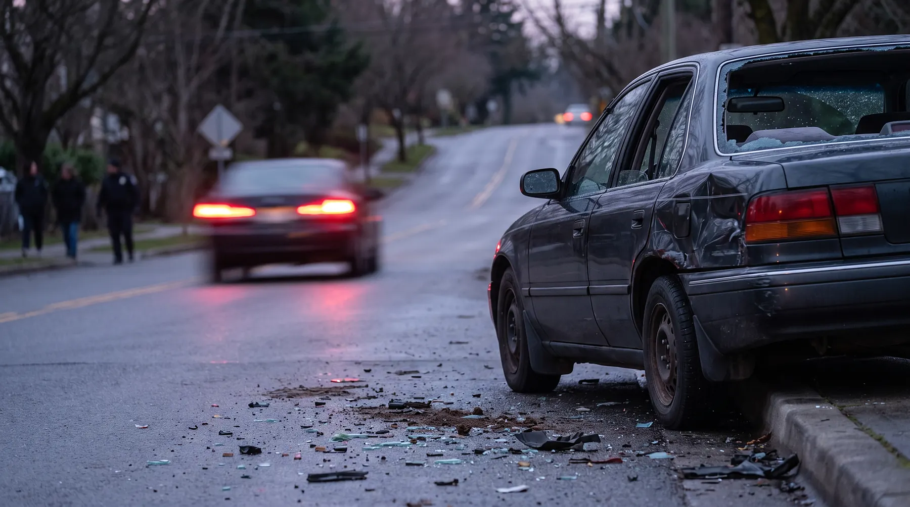 Damaged parked car at a curb with fresh debris on the road