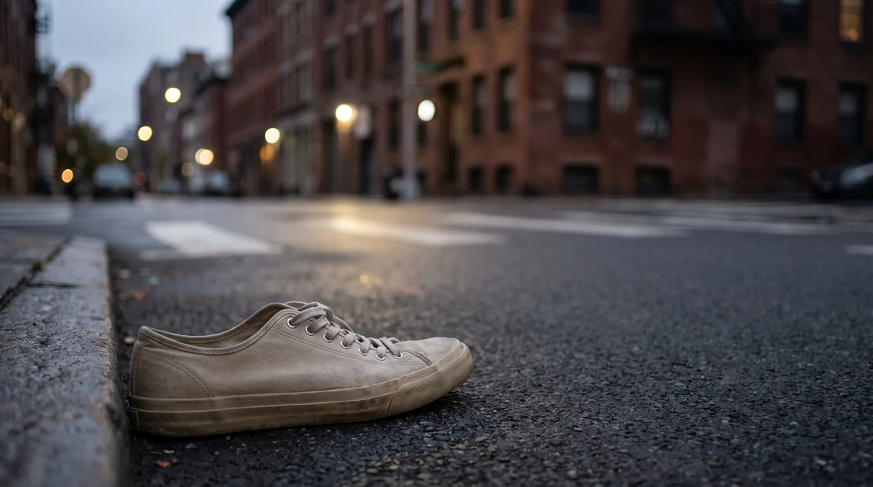 Empty urban street at dusk with a marked crosswalk visible in the background and a single shoe near the curb in the foreground