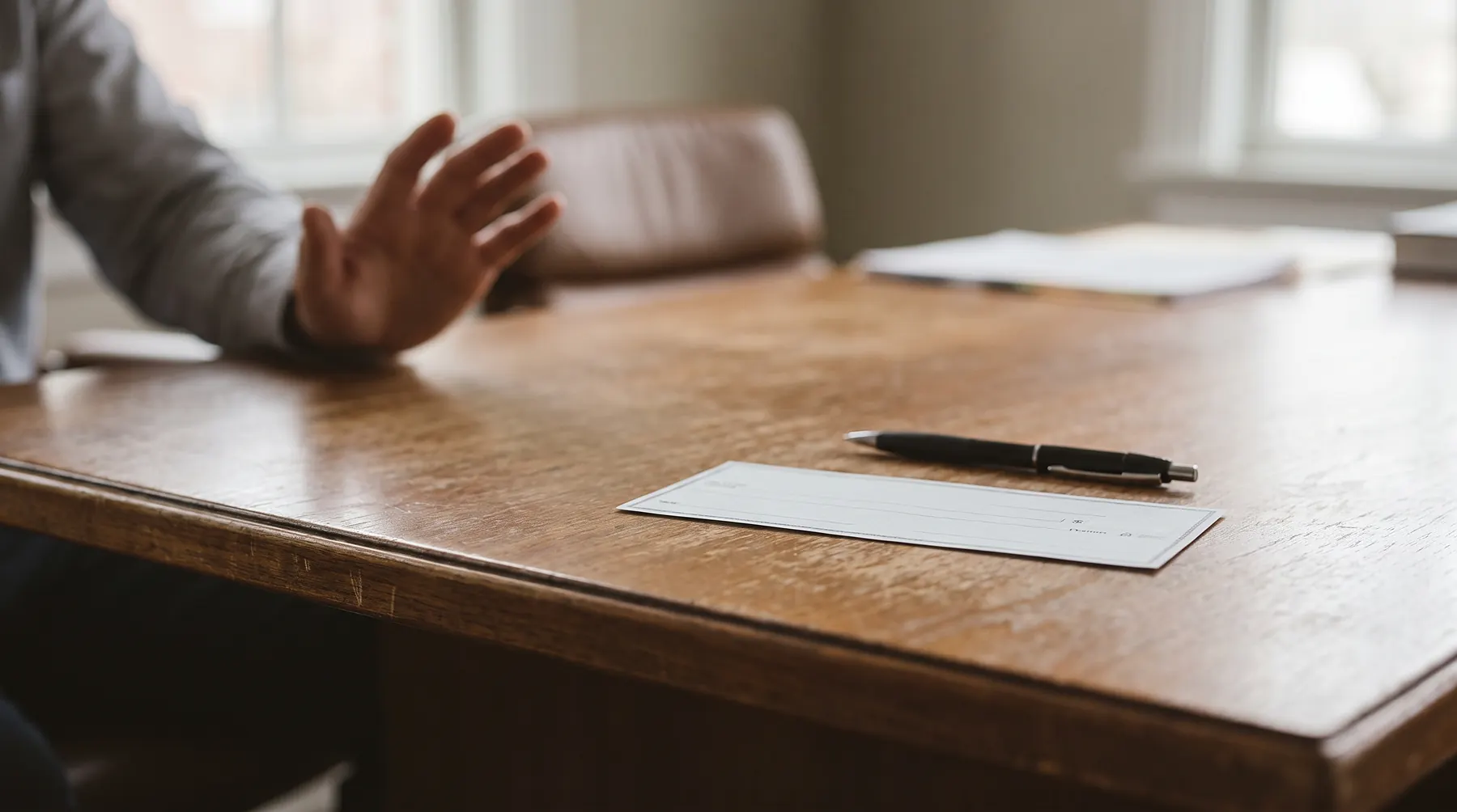 Unsigned settlement check and a pen deliberately pushed away across a wooden table
