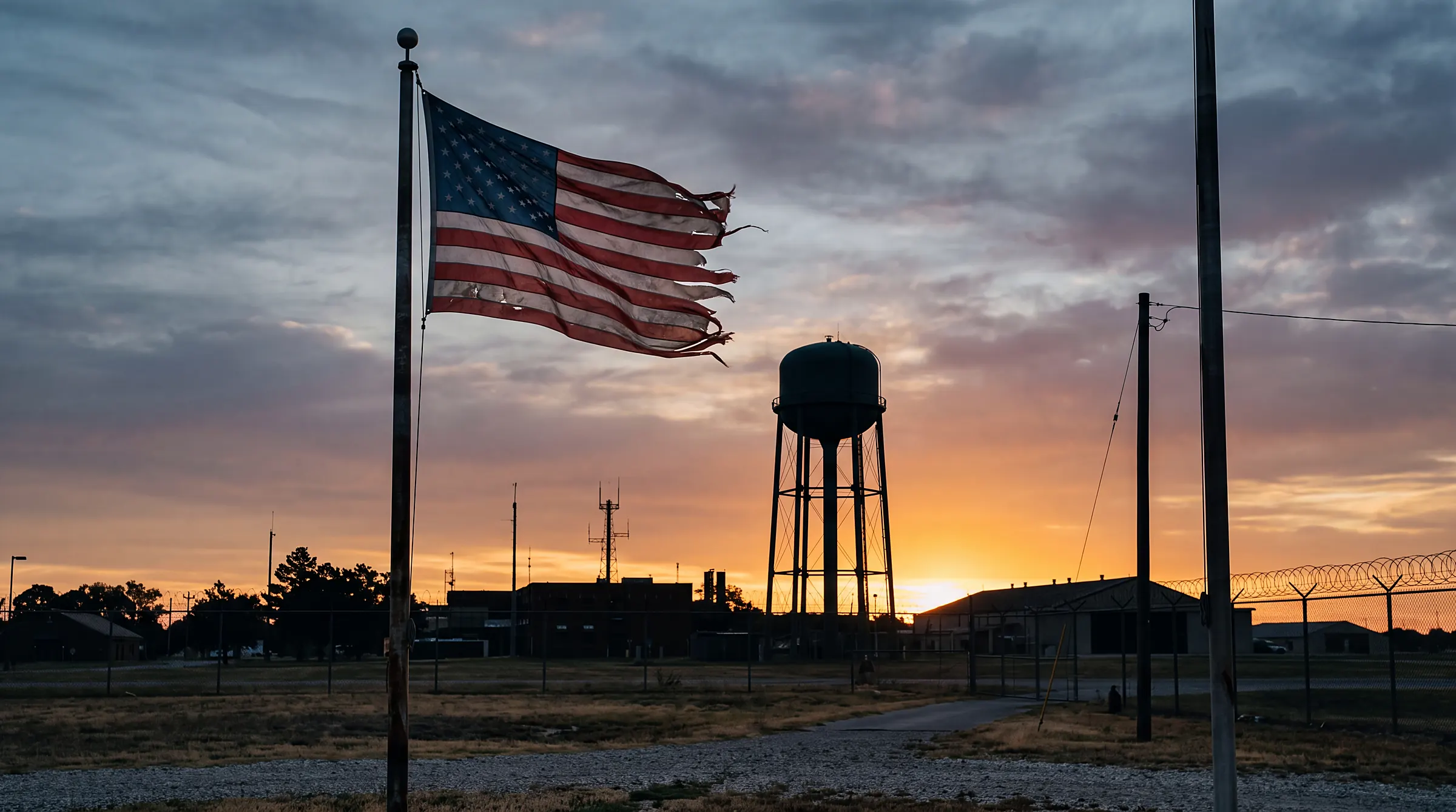 Weathered American flag in front of a military base water tower at sunrise