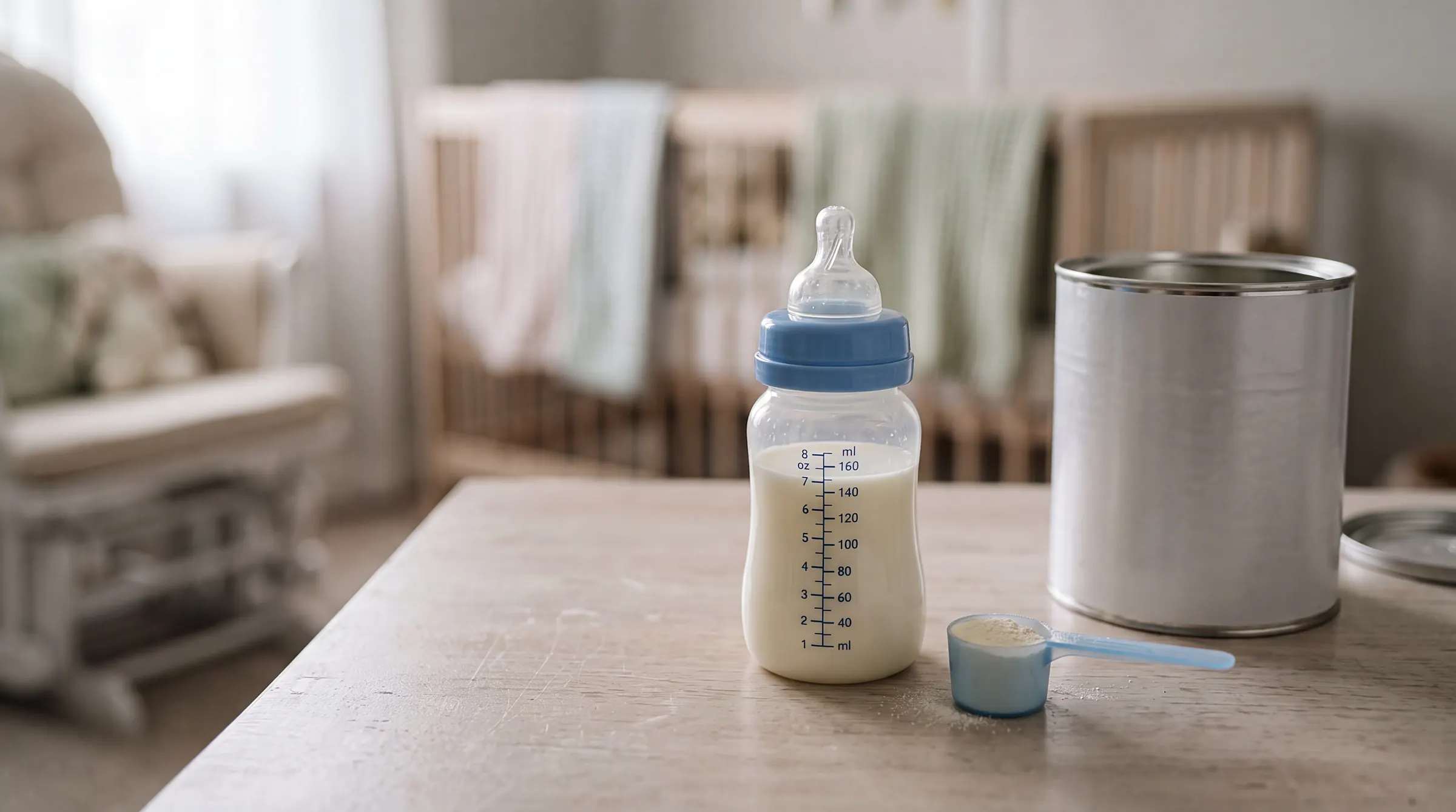Baby bottle of prepared formula beside a scoop of powdered infant formula