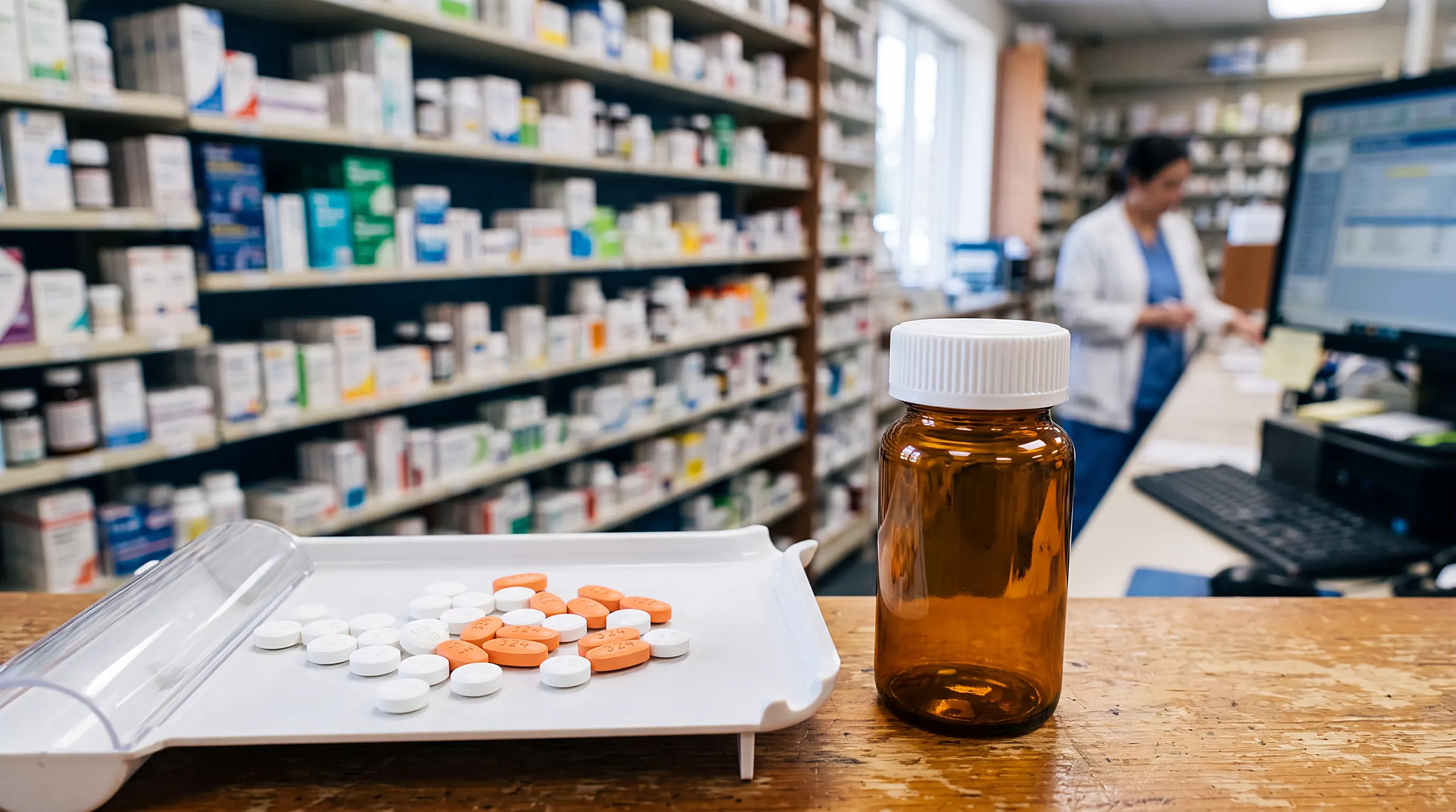 Prescription tablets and an amber medication bottle on a pharmacy counter