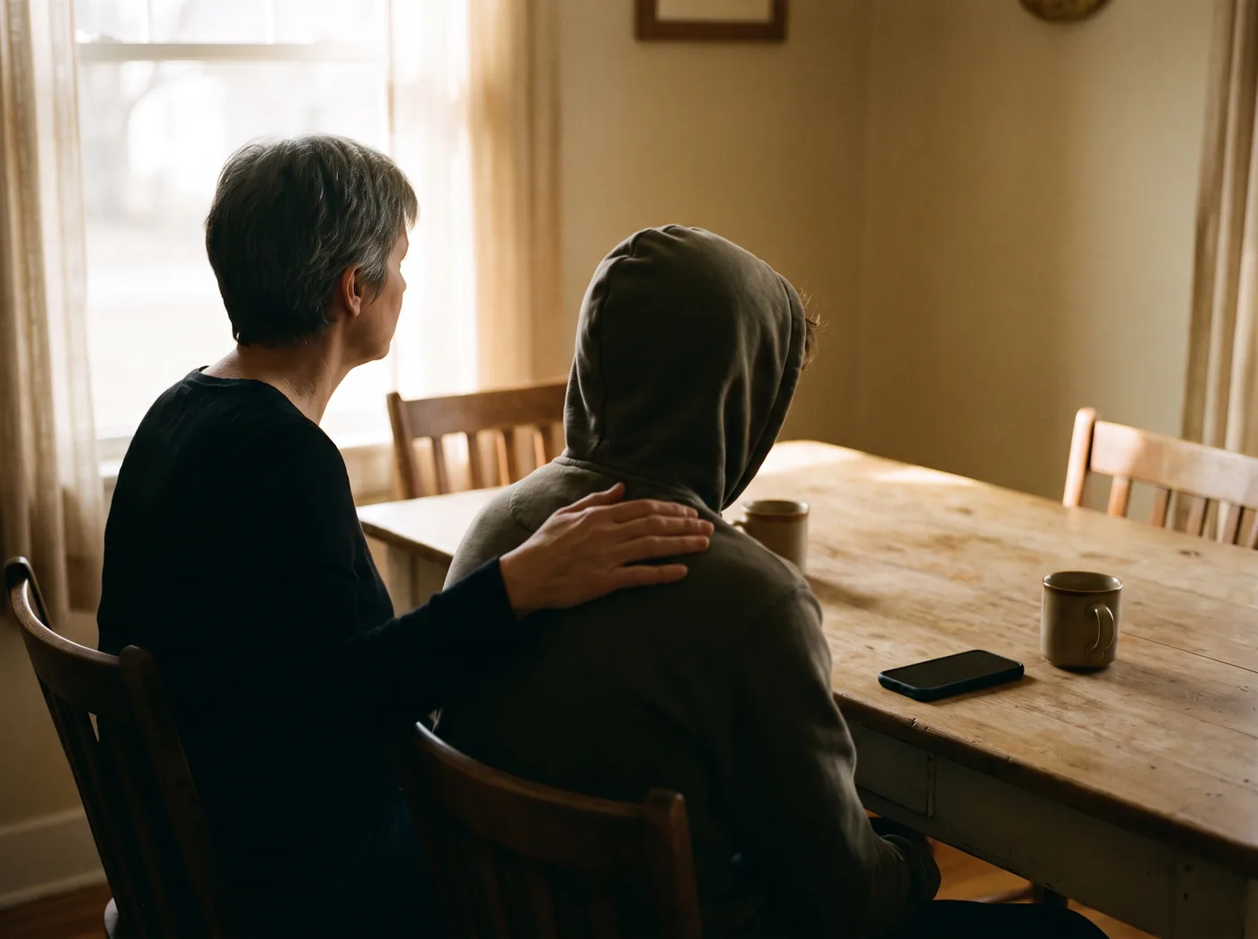 Parent with a hand on a teenager’s shoulder at a kitchen table, phone face-down