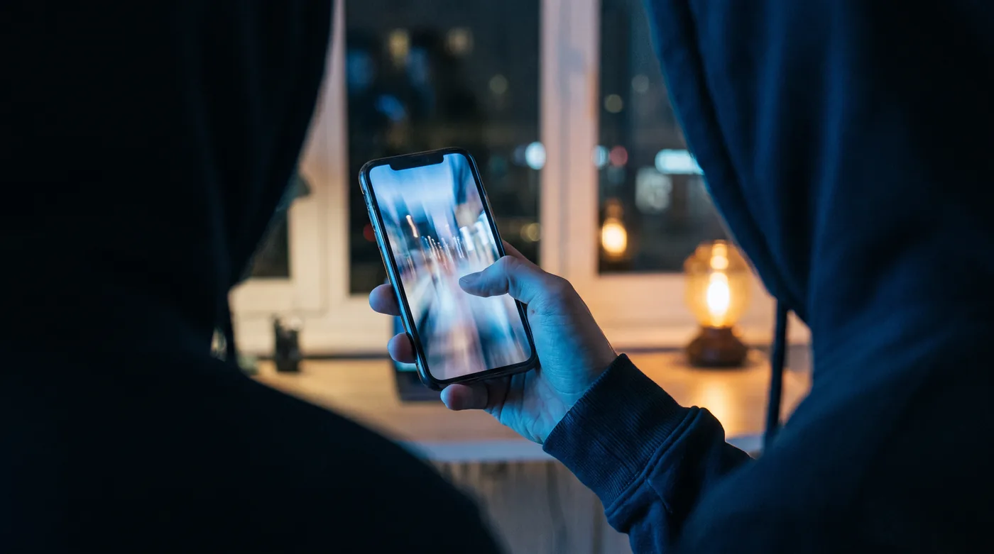 Hand scrolling a blurred, endless feed on a phone at night