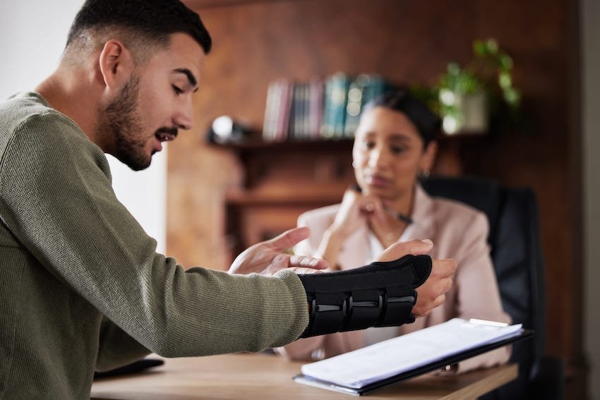 injured man speaking with woman at personal injury law firm